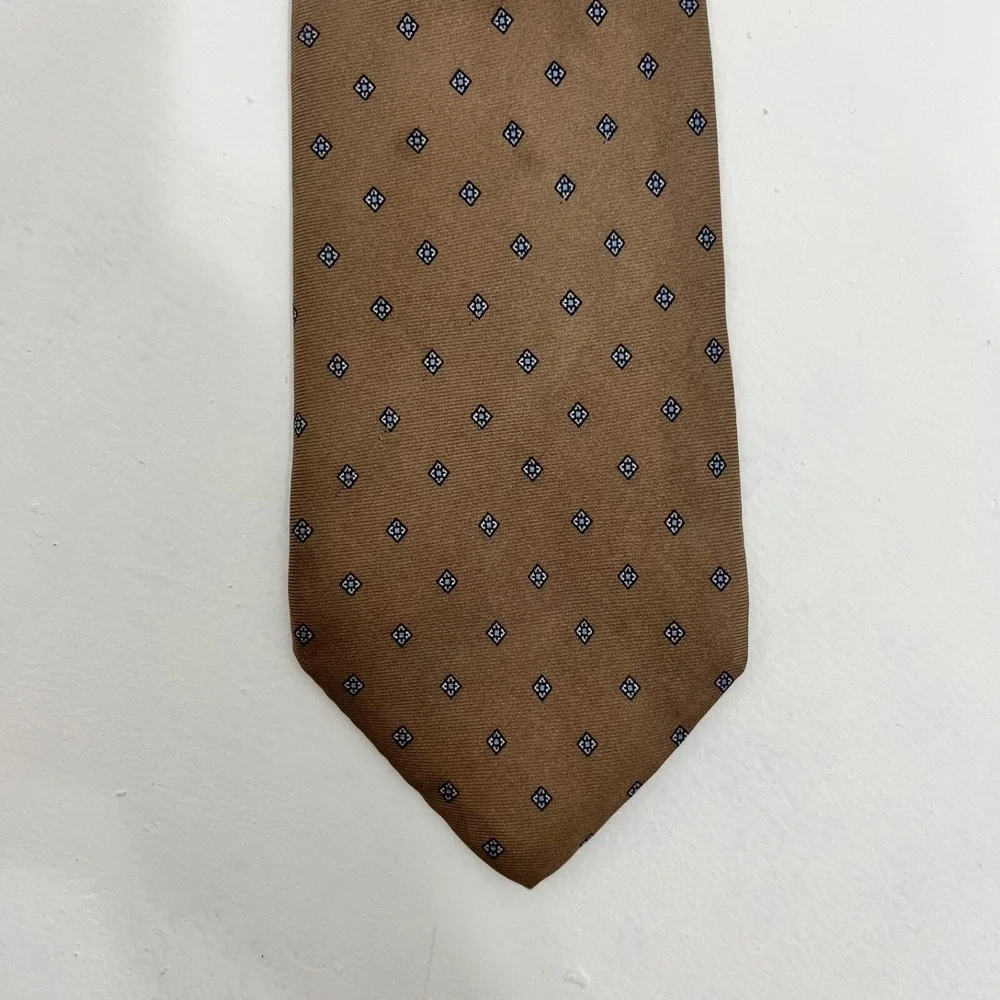 Vintage Christian Dior Silk Tie Brown Diamond Print Blue Center 3.25